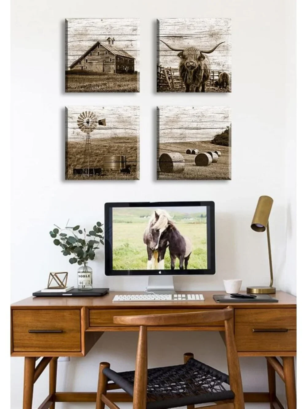 Rustic Highland Cow Canvas Wall Art | Farmhouse Decor, 4 Panel Set, Ready to
